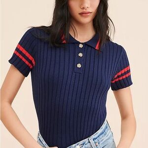 Anthropologie Flat White Knit Navy Polo Shirt with Red Accents